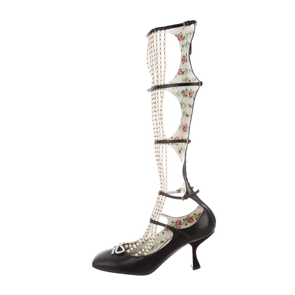 Unworn GUCCI Raining Pearl and Crystal Caged Black Leather Bootie Heels 37.5
